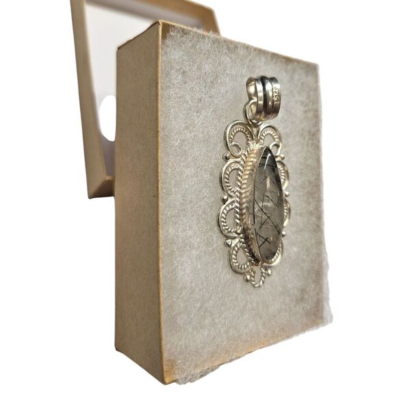 Vintage Rutilated Quartz Marquise Pendant 925 Sterling Silver Filigree - Picture 4 of 6